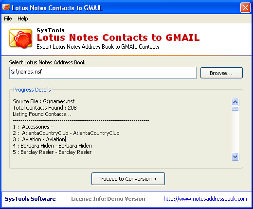 Click to view Move Lotus Notes Contacts to Gmail 3.2 screenshot