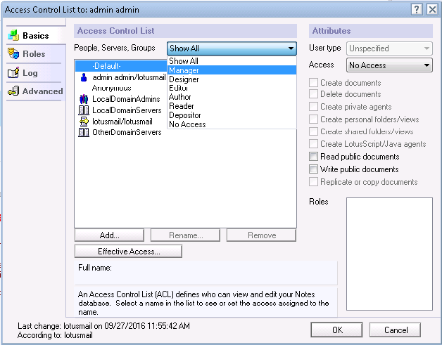 lotus notes acl settings