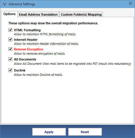 advance setting options